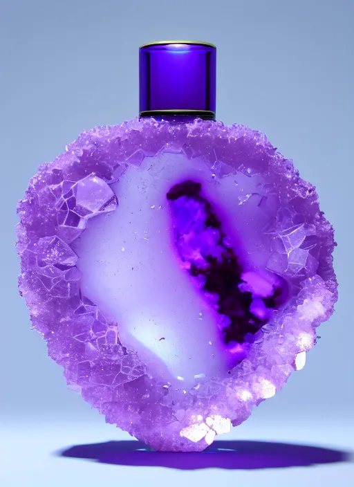 Image similar to perfume bottle in a purple geode cave, up close shot, sharp focus, global illumination, radiant light, alexandre ferra white mecha, irakli nadar, octane highly render, 4 k, ultra hd,