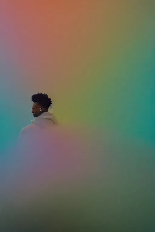 Image similar to high quality pastel coloured film close up wide angle photograph of 2 1 savage wearing clothing resting on cloud furniture in a icelandic black rock!! environment in a partially haze filled dreamstate world. three point light, rainbow. photographic production. art directed. pastel colours. volumetric clouds. pastel gradient overlay. waves glitch artefacts. extreme facial clarity. 8 k. filmic.