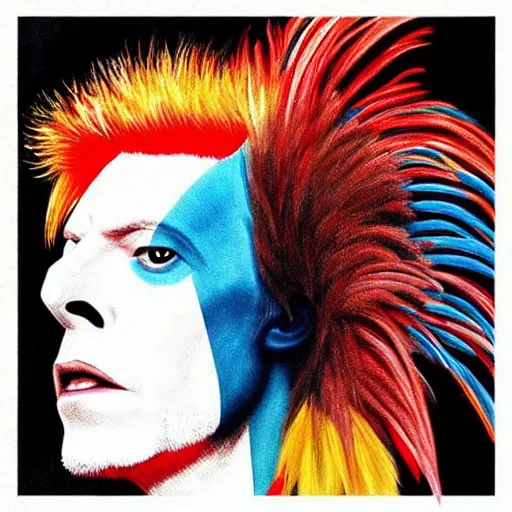 Image similar to “painting of David Bowie as a Rooster.”