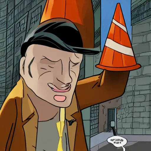 Image similar to ripped physique winged man Norm MacDonald disguised as a mothra whilst wearing a traffic cone hat brian k. vaughan vanesa r. del ray