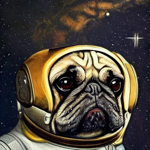 Image similar to golden - ratio, spirals, highly detailed, astronaut pug in outer space painted by davinci.