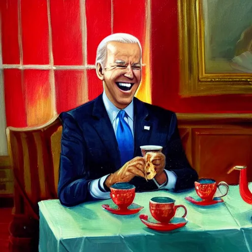 Image similar to a painting of joe biden laugh in tea party with osama bin laden, justify content center, hyper realistic content, frontal hyperdetailed realistic content, sharp focus, intricate, dynamic composition, 2 colors, baroque, delete duplicate content