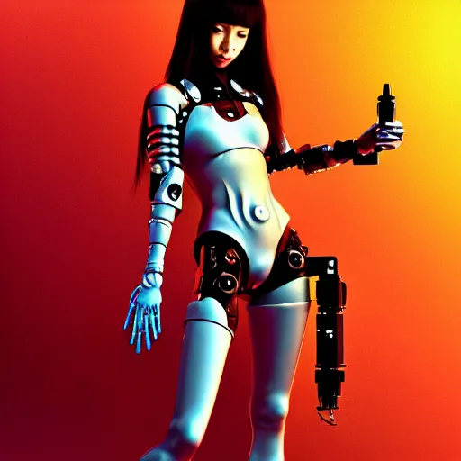 Image similar to cute cyberpunk nurse girl wearing bikini armor holding a digital syringe, a virus nebula, biomechanical limbs, flesh torso, kowloon, symmetrical, photorealistic, daz 3 d, alphonse mucha and moebius and artgerm and greg rutkowski and hajime soriyama, ultra detailed, hyper realistic, octane render, trending on artstation
