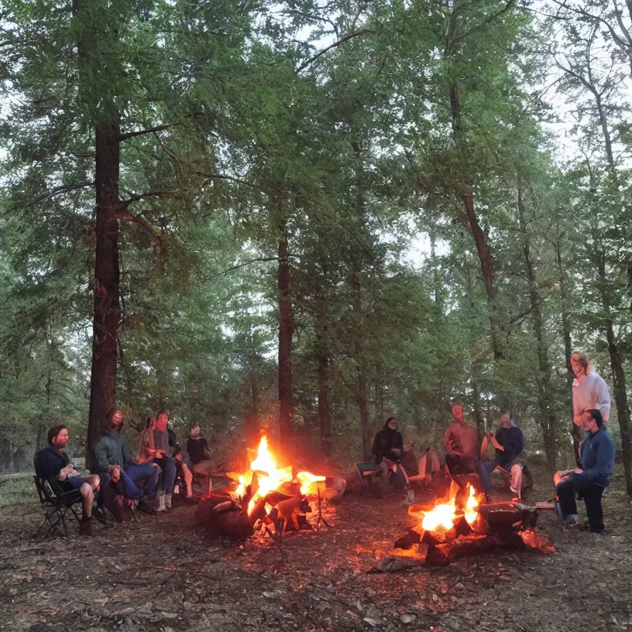 Image similar to a nice evening around the camp fire, friends are drinking and laughing, there is something behind the tree