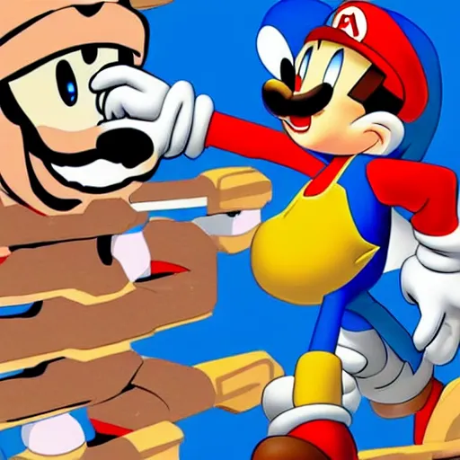 Image similar to 1940s disney film about super mario and sonic the hedgehog