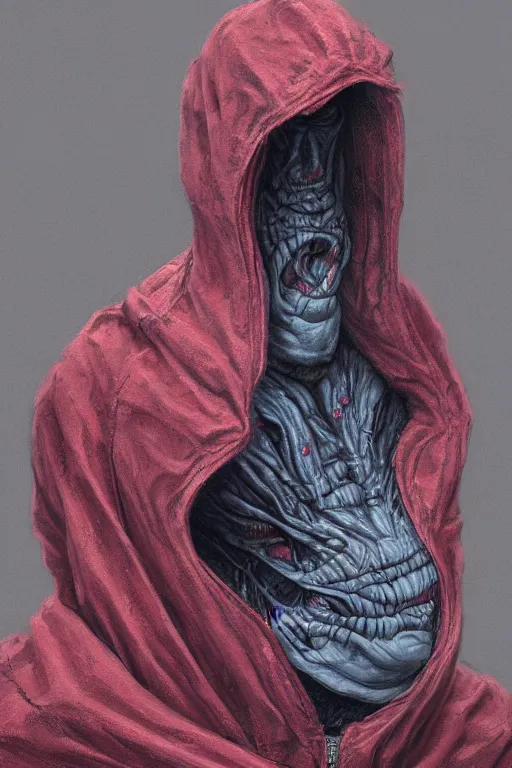 Image similar to A distorted creature in a hoodie from under which crawls out many faces of Nicolas Cage, red, disco elysium, highly detailed, digital painting, artstation, concept art, smooth, illustration, art by Wayne Barlowe and Zdislav Beksinski and Francis Bacon
