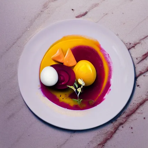 Prompt: Amazing dish made of egg, beetroot, caramel, Mango, spices, 5 star michelin restaurant, photorealist