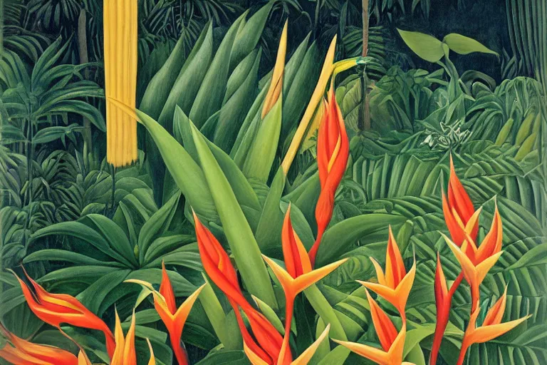 Image similar to heliconia in a graden, art by Henri Rousseau, studio Ghibli