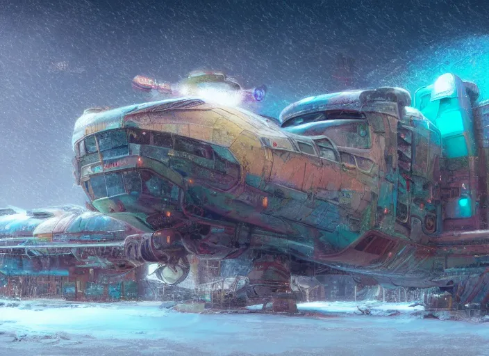 Image similar to detailed concept art illustration colorful pastel painting of a rusted sci-fi solarpunk spaceship covered in snow in full intricate detail, ultra detailed, digital art, octane render, 4K, dystopian, micro details