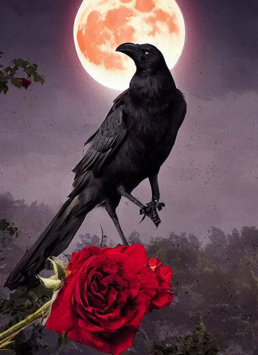 Image similar to portrait, A crow with red eyes in front of the full big moon, book cover, red roses, red white black colors, establishing shot, extremly high detail, foto realistic, cinematic lighting, by Yoshitaka Amano, Ruan Jia, Kentaro Miura, Artgerm, post processed, concept art, artstation, raphael lacoste, alex ross, portrait, A crow with red eyes in front of the full big moon, book cover, red roses, red white black colors, establishing shot, extremly high detail, foto realistic, cinematic lighting, by Yoshitaka Amano, Ruan Jia, Kentaro Miura, Artgerm, post processed, concept art, artstation, raphael lacoste, alex ross