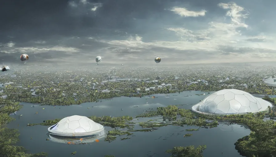 Prompt: ecological manchester city with huge lake with crowded paths around it, white glass domes near it, hyperdetailed, artstation, cgsociety, 8 k