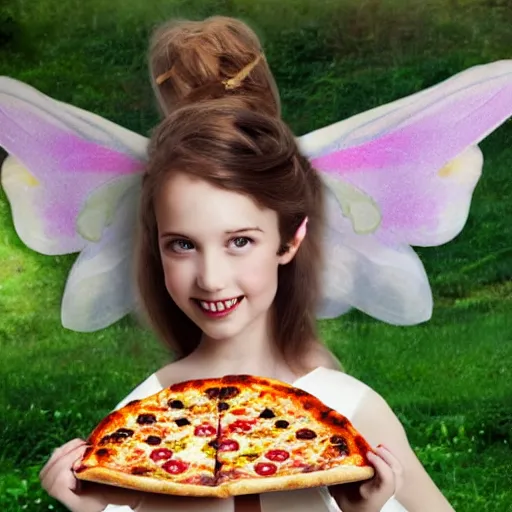 Image similar to fairy with pizza for wings,