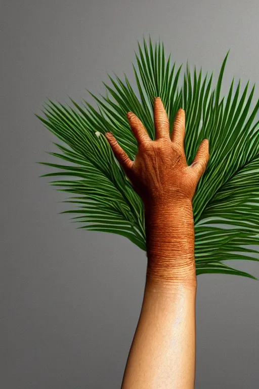 Image similar to hyper realistic beautiful detailed image of a human's palm hand with a tree growing on, white background, photorealistic, 4 k