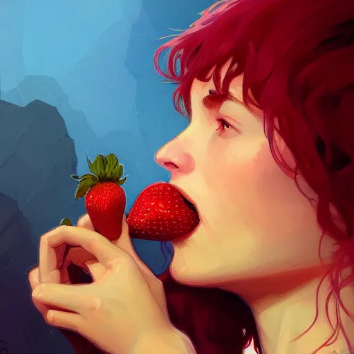 Image similar to Portrait of Madeline from celeste eating a strawberry, highly detailed, digital painting, artstation, concept art, sharp focus, illustration, art by greg rutkowski and alphonse mucha