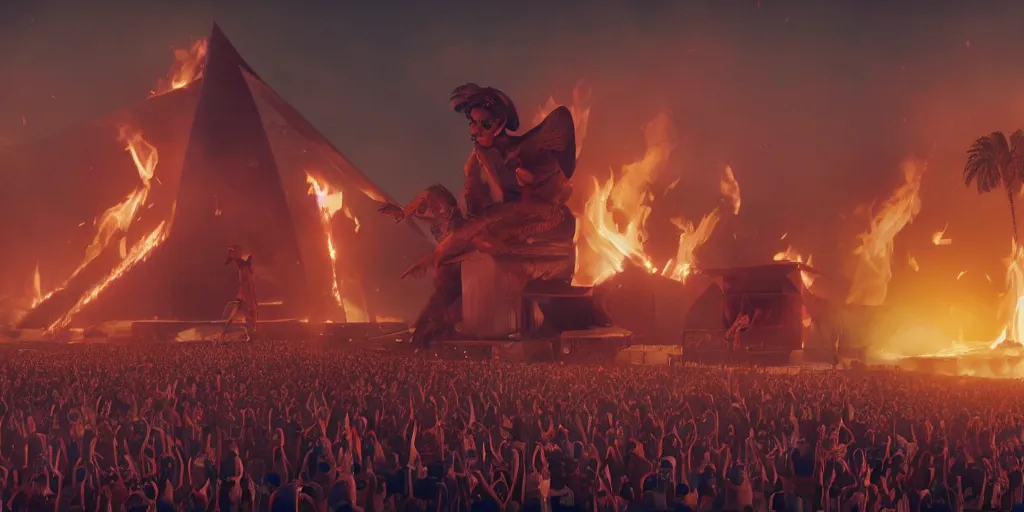 Image similar to realistic cinematic views of a orwellian coachella with fires in the background and dead seagulls falling from the sky in front of the main stage worshipping a large statue of kylie jenner, hyper detailed, terror glows, hyper realistic, digital painting, 8 k, 3 5 mm film grain, octane render