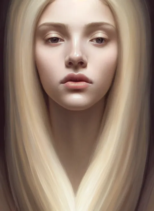 Image similar to beautifully symmetrical face, portrait of young woman blessed with ever - increasing physical and mental perfection, realism, blonde hair, plush lips, perfect face!! intricate, elegant, highly detailed, vision of holy perfection!! digital painting, artstation, concept art, smooth, sharp focus, illustration, humanity, art by artgerm and greg rutkowski and alphonse mucha