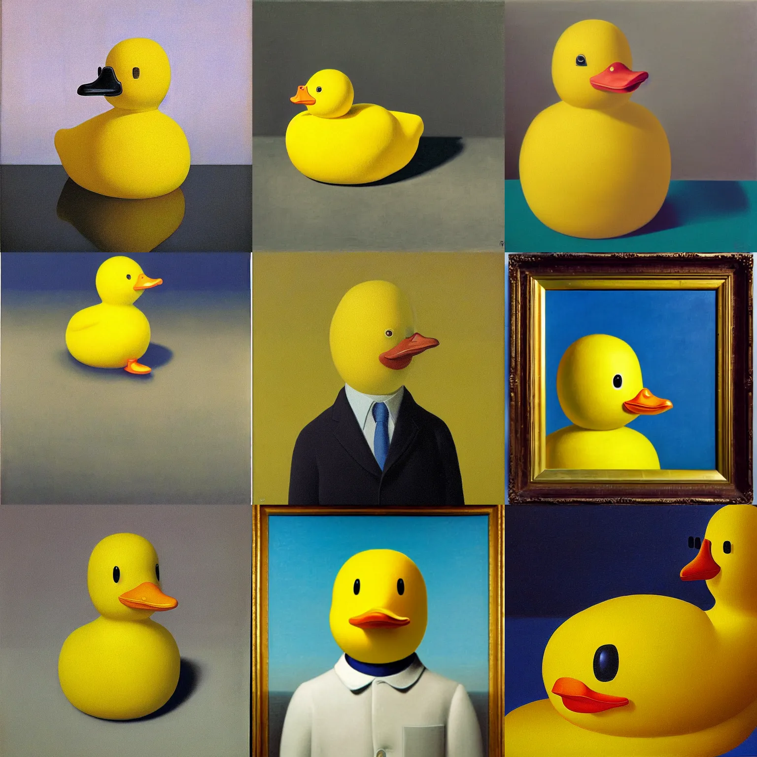 Image similar to portrait of a yellow rubber duck by rene magritte, oil on canvas.