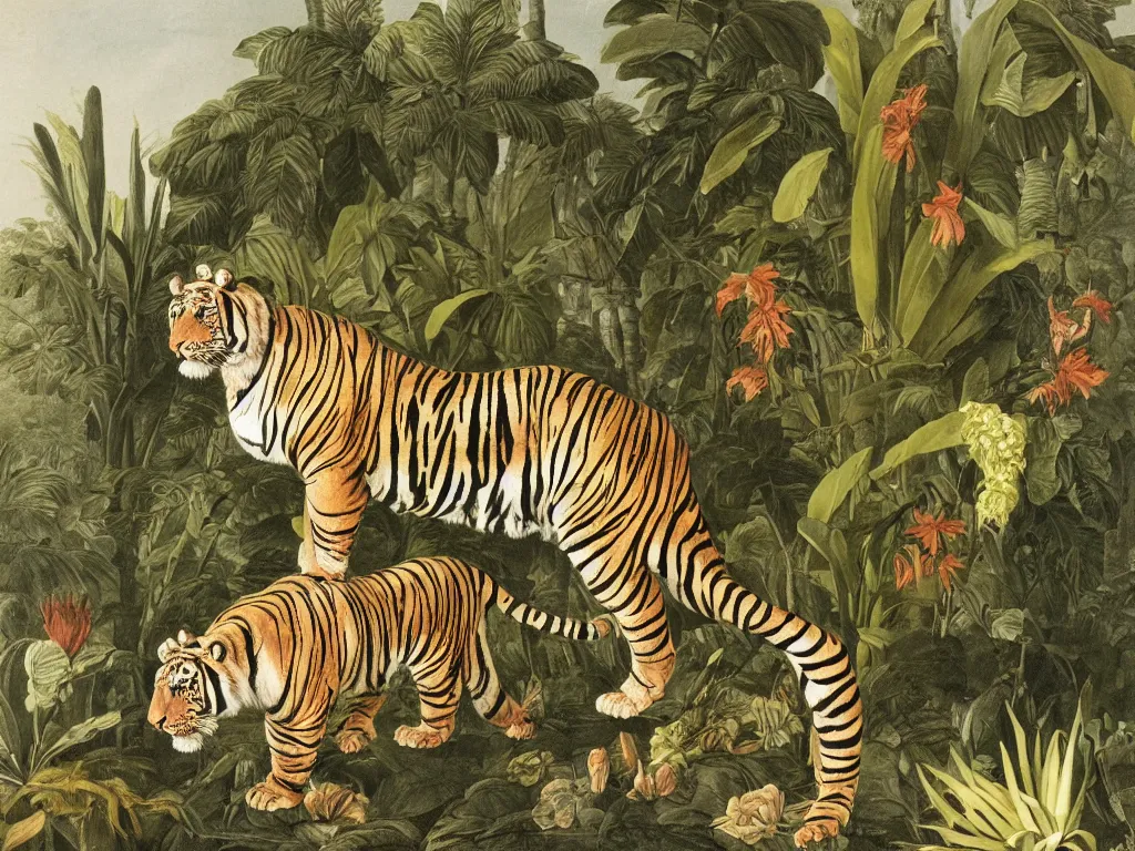 Image similar to muscular tiger, tropical plants in background, botanical, large exotic flowers, biology, painted by john audubon