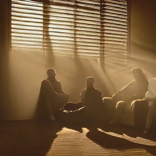 Image similar to gang members chilling around dirty couch in a beige room thick volumetric dust god rays shines through the blinds kinda atmosphere jonathan zawada style photography