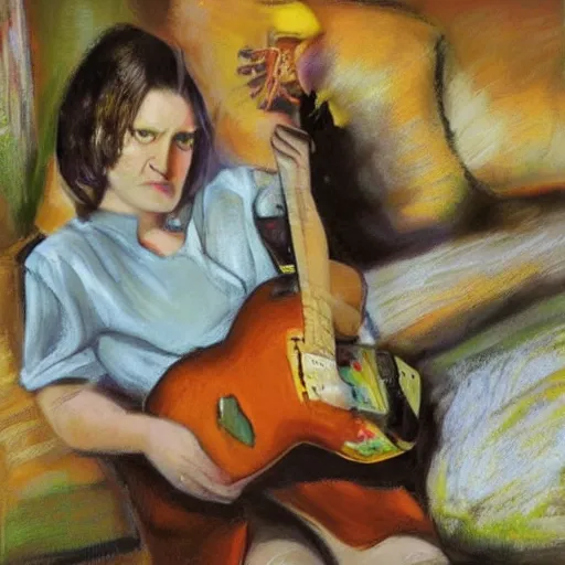 Image similar to women playing guitar, televisions, hd, photoreal cinema still, pastel in the style of bruce weber