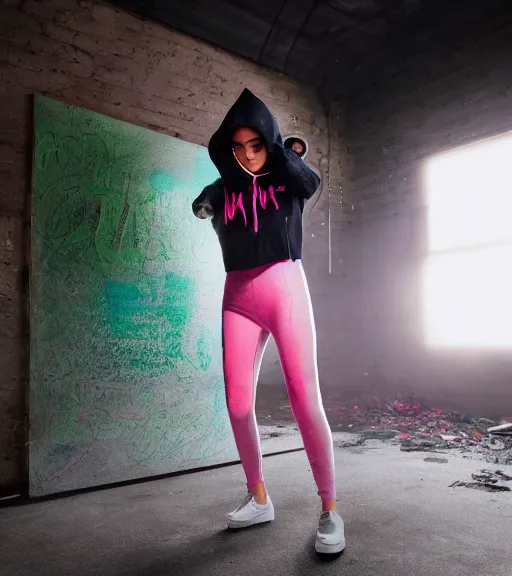 Image similar to kylie jenner doing graffiti in a derelict garage, dust mist, rear-shot, tight leggings with a pink hoody with hood up, mold, greenery, intricate, epic lighting, cinematic composition, hyper realistic, 8k resolution, unreal engine 5