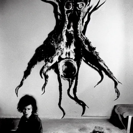 Image similar to big budget body horror movie with the thing eating animals and creating art on the wall with their bodies. 1980s horror movie photograph.