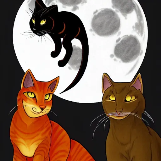 Prompt: Firestar and Ravenpaw sitting next to each other looking into the Moon, Warrior cats, Erin Hunter, illustration of 2 cats, trending on artstation, Paintings