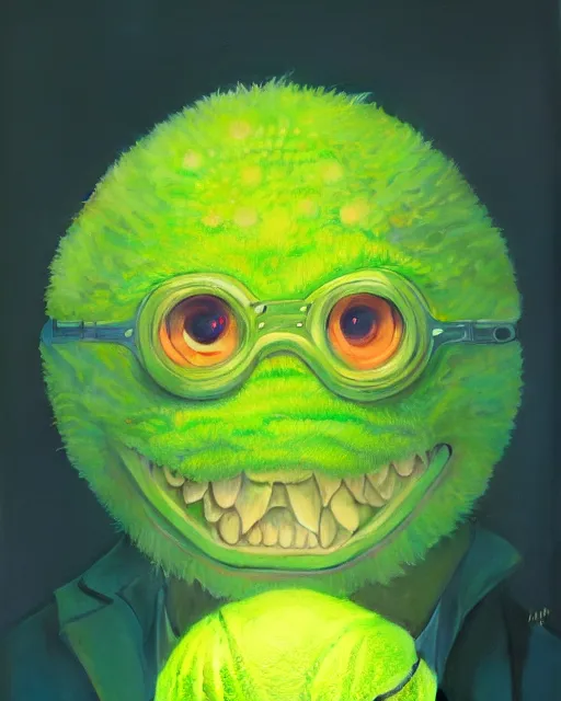 Image similar to highly detailed vfx portrait of a character of a tennis ball monster stephen bliss, unrealengine, greg rutkowski, loish, rhads, beeple, makoto shinkai and lois van baarle, ilya kuvshinov, rossdraws, tom bagshaw,