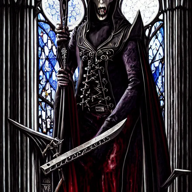 Prompt: a vampire warrior in a gothic church, highly detailed, 4 k, hdr, smooth, sharp focus, high resolution, award - winning photo, illustrated by anne stokes, photorealistic