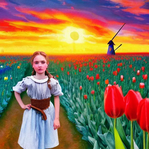 Image similar to dutch girl with singular giant tulip as a head, surreal photography, flower field, sunset dramatic light, impressionist painting, colorful clouds, blue sky, digital painting, artstation, simon stalenhag