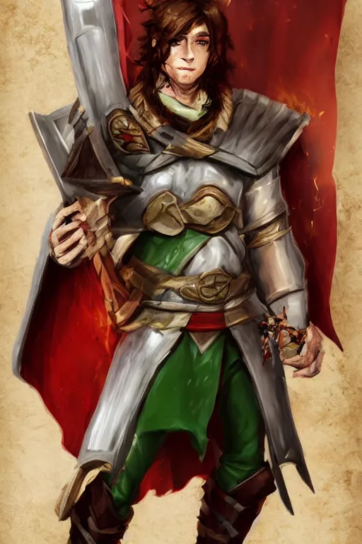 Prompt: male shifter, late 2 0 s, medium brown hair, green eyes, athletic build, armor under ripped white and red priest's clothes, holding wooden shield and flaming holy symbol, dungeons and dragons, pathfinder, roleplaying game art, concept art, character design,