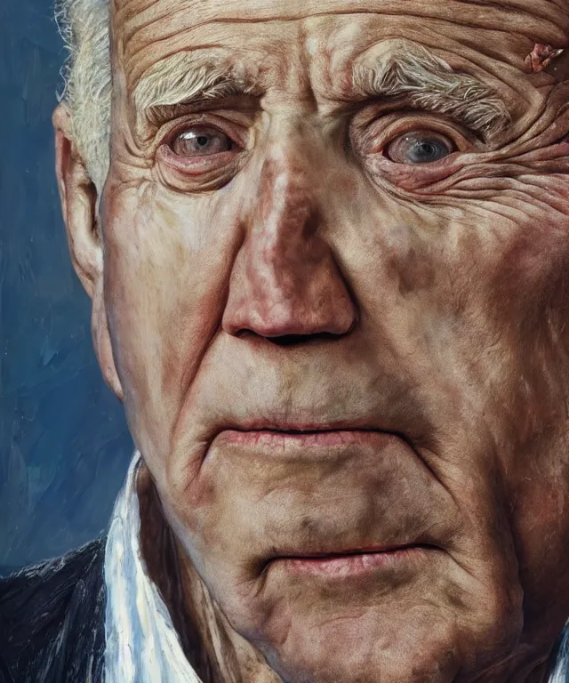 Image similar to hyperrealistic close up studio portrait of aging old Joe Biden age 103 wrinkled sad, oil painting by Ivan Albright and Lucian Freud and Ron Mueck, trending on artstation Studio lighting hyperrealism