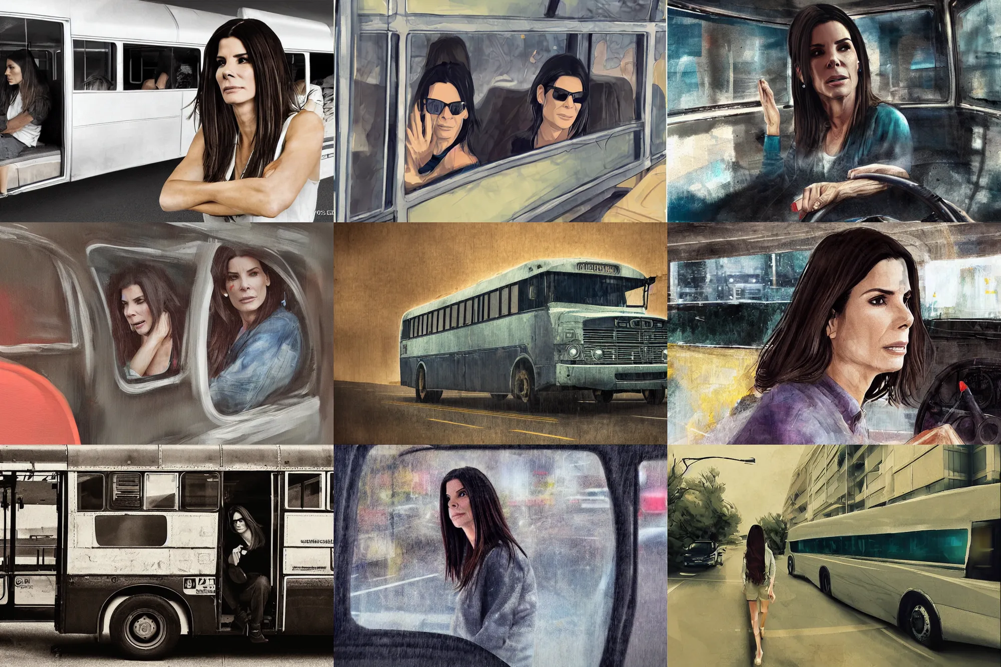 Prompt: distressed Sandra Bullock driving a large bus, created by WLOP