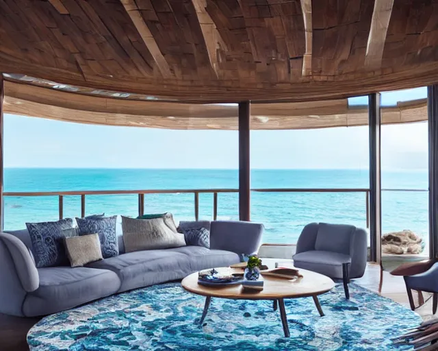 Image similar to A modern living room in a ocean hues style next to a big terrace overlooking the ocean, a luxurious wooden coffee table with large seashells on top in the center, amazing detail, 8k resolution, inspired by the ocean, calm, relaxed style, harmony, wide angle shot