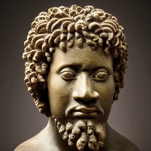 Image similar to east african man with curly hair as a marcus aurelius sculpture, intricate details, sharp focus