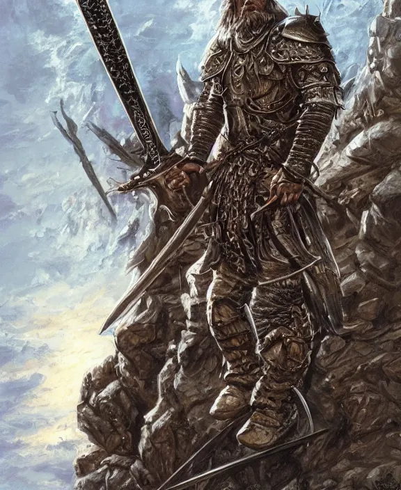 Image similar to battle - worn warrior with legendary sword, fantasy, man, cool armour, intricate, highly detailed, digital painting, artstation, concept art, wallpaper, smooth, sharp focus, illustration, art by larry elmore, jeff easley, clyde waldwell, keith parkinson, daniel r horne