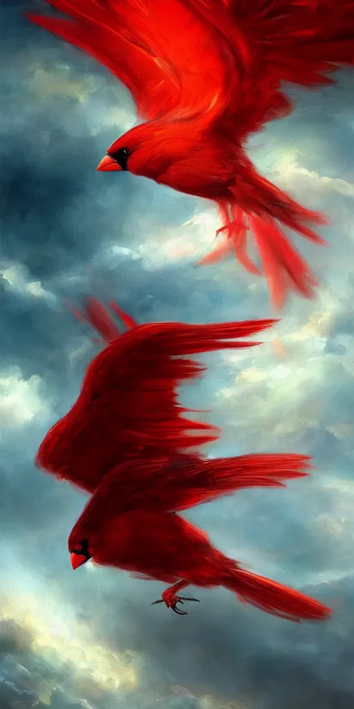 Image similar to a painting of a red cardinal flying through the sky, poster art by raymond swanland, deviantart, fantasy art, christian, deviantart, mystical