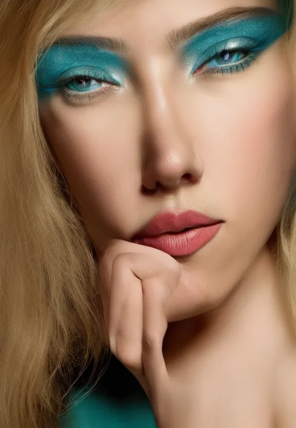 Image similar to portrait photo photo of Scarlett Johansson:: symmetric face, symmetric eyes, slight smile, photo by Annie Leibovitz, 85mm, teal studio backdrop, Getty images