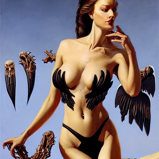 Prompt: upper body portrait of divine feminine muse, bikini made of bones, black wings, oil on canvas, hyper realism, Lovecraftian, by J. C. Leyendecker and boris vallejo, artstation, concept character art