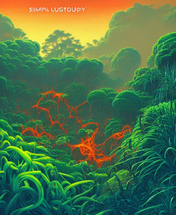 Image similar to simplicity, an simple structure made out of exotic fungus, overgrown with lush floral jungle, partly cloudy, hellscape, hell, fire, brimstone, lava, by dan mumford, yusuke murata, makoto shinkai, ross tran, cinematic, unreal engine, cel shaded, featured on artstation, pixiv