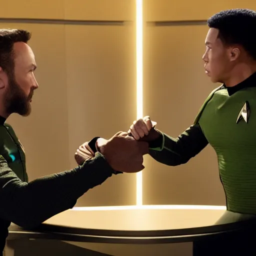 Image similar to isaac from the orville and data from star trek arm wrestling on the holodeck with the cast of both shows cheering on from the sidelines, 8 k, sharp focus, cinematic lighting, highly detailed, perfect anatomy,