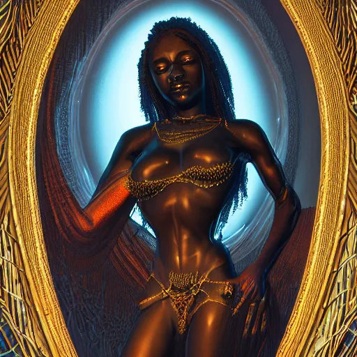 Prompt: Photorealistic ebony goddess in the style of Michael Whelan and Gustave Dore. Hyperdetailed photorealism, 108 megapixels, amazing depth, glowing rich colors, powerful imagery, psychedelic Overtones, 3D finalrender, 3d shading, cinematic lighting, artstation concept art