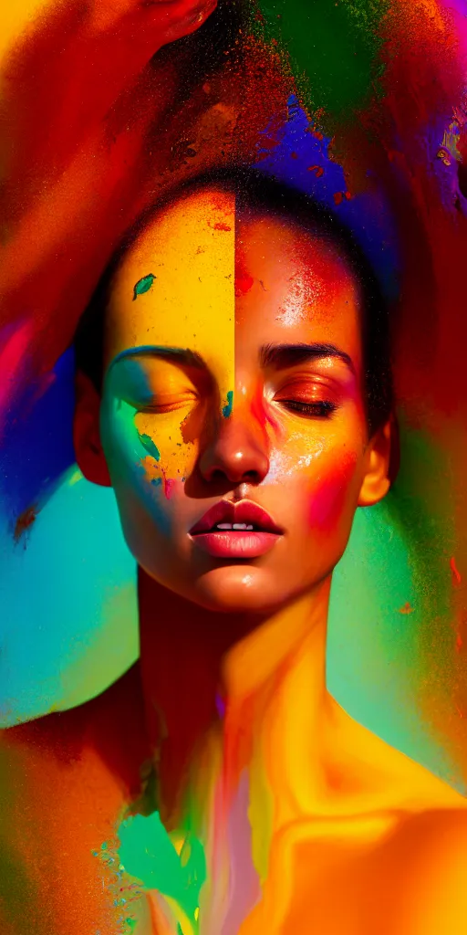 Image similar to photo half body portrait of very beautiful woman, face emerging from pool of colorful oils, brown skin, realism, extreme detail, real life, key art, soft light, volumetric light, 3 - d shadows, photo by james jean and wlop, photoshoot