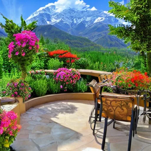 Image similar to Sky patio with luscious fantasy garden, mountains in teh distance, hidden grove, hd, detailed