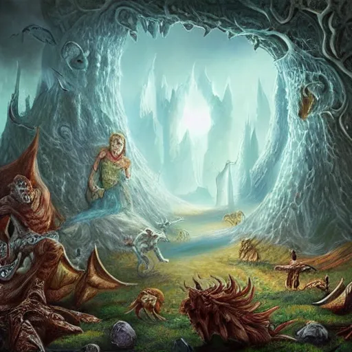 Image similar to a never - ending fantasy art, depicting scenes and creatures from otherworldly realms.