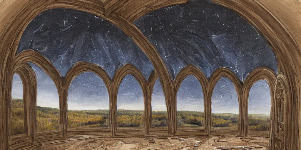 Image similar to hyper real, hyper detailed mat - painting sketch of an arch and dome interior with windows to gaze at the stars at night in a large recessed living room in the country with a view of a forest out side