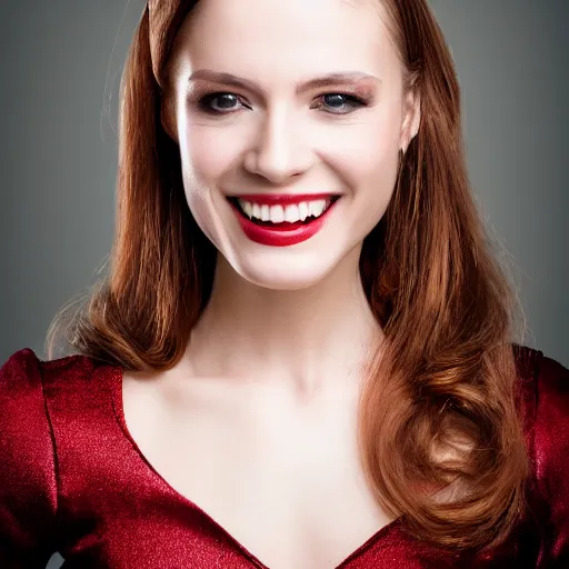 Prompt: professional headshot of an elegant female vampire smiling, the side of her face is sprayed with droplets of blood. high resolution, realistic, professional lighting, nikon camera, 8 k, imdb. com