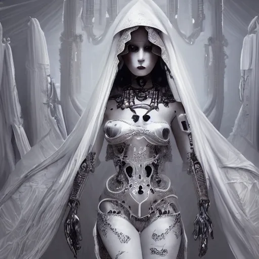 Prompt: female gothic robots with heart human organ, dressed in white intricate lace, veils and jewels, epic environment, matte painting, diffused lighting, highly detailed, cinematic, epic atmosphere, digital art, trending on artstation, wide angle