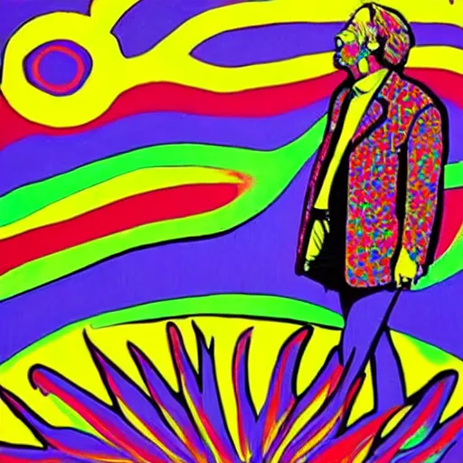 Image similar to a man standing in front of a giant painting, a pop art painting by peter max, behance contest winner, psychedelic art, psychedelic, poster art, made of flowers