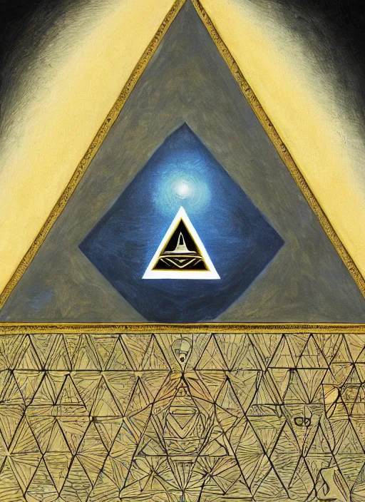 Image similar to illuminati pyramid with an eye floating on top of it, hyper detailed 8k realistic painting by Hilma At Klint, trending on artstation